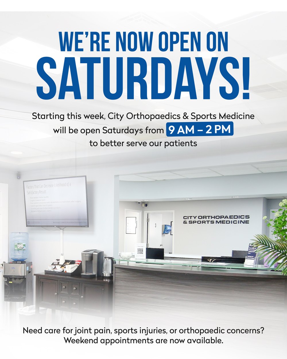 Now open on Saturdays announcement post for City Orthopaedics