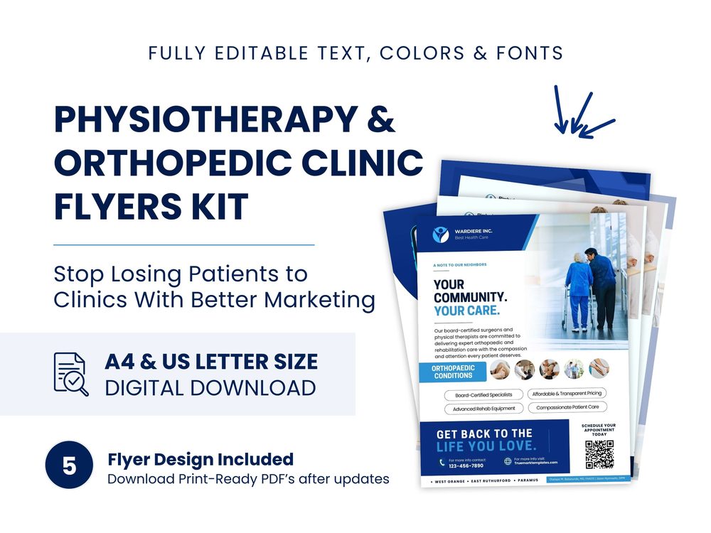 Physiotherapy and orthopedic clinic flyers kit Canva templates